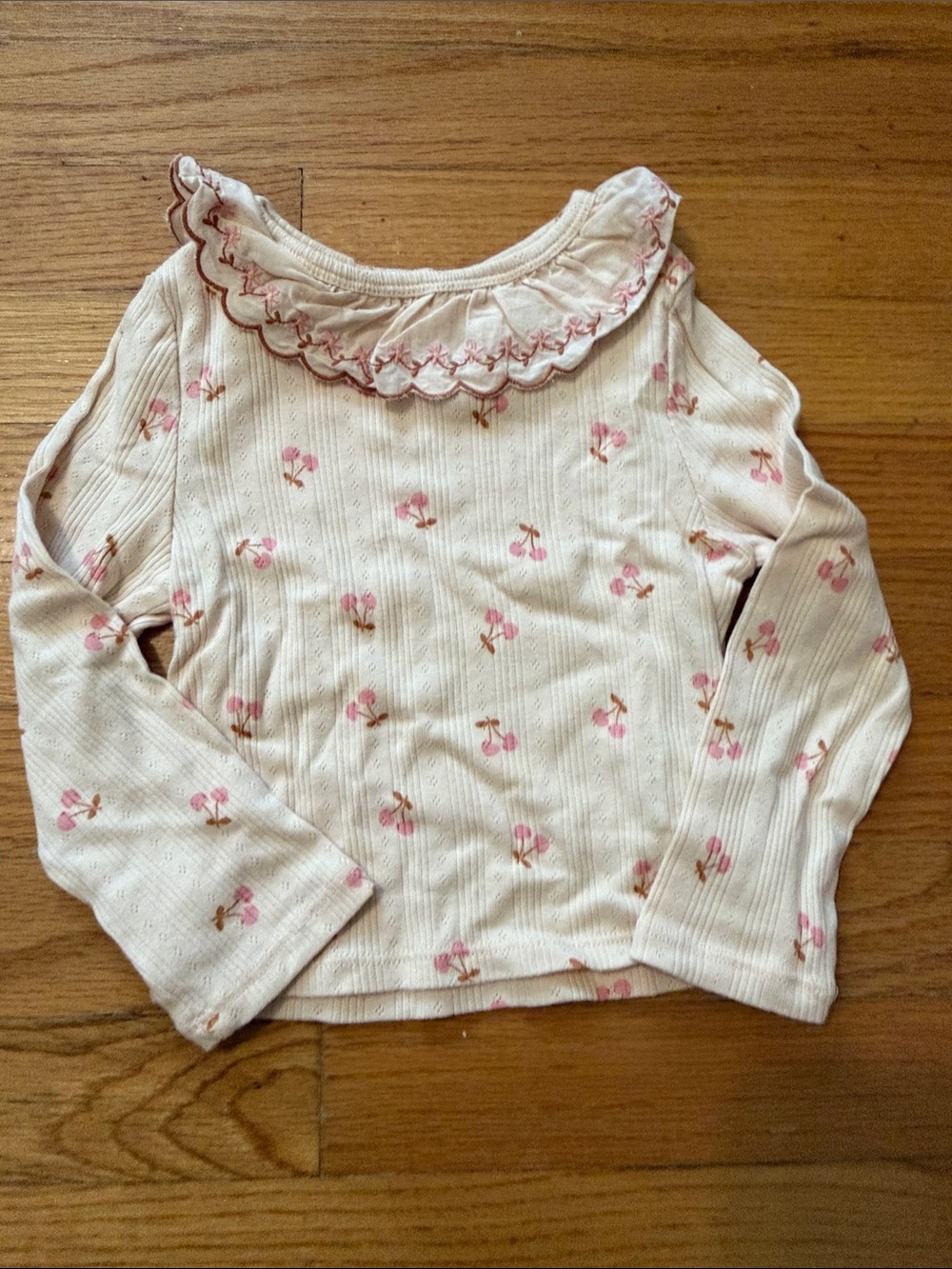 Gingersnaps Girls Long-Sleeve Cream Top with Pink Cherry Print and Ruffle Collar
